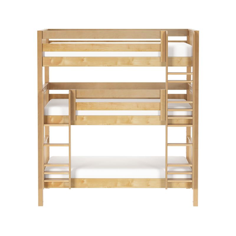 Triple solid wood bunk bed in natural light finish with three white mattresses and ladders, a space-saving kids' bedroom solution
