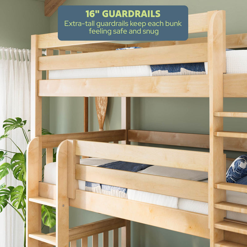 Natural maple wood bunk bed with 16-inch guardrails and ladder, space-saving kids bunk with safety rails in a green bedroom