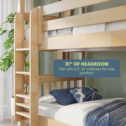 Light maple wooden bunk bed with built-in ladder, labeled 31-inch headroom, blue pillows and quilt, potted plant and sheer curtains — space-saving bunk bed ideal with a 5–8 inch mattress for small bedrooms