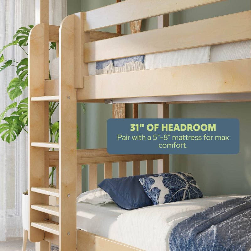 Light maple wooden bunk bed with built-in ladder, labeled 31-inch headroom, blue pillows and quilt, potted plant and sheer curtains — space-saving bunk bed ideal with a 5–8 inch mattress for small bedrooms