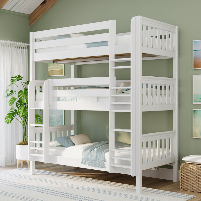 White wooden triple bunk bed with ladders in a light-green kids' bedroom, space-saving design with blue bedding and coastal-style décor