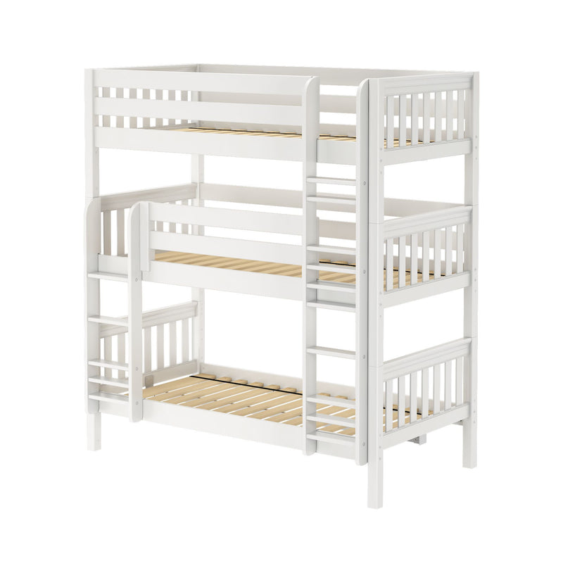 White solid wood three-tier bunk bed with built-in ladders, safety rails and slatted mattress bases — space-saving kids' bedroom solution