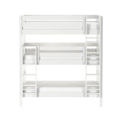 White wooden three-tier bunk bed with safety rails and side ladders, modern space-saving kids' bedroom furniture