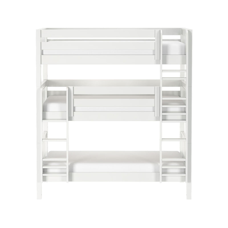 White wooden three-tier bunk bed with safety rails and side ladders, modern space-saving kids' bedroom furniture