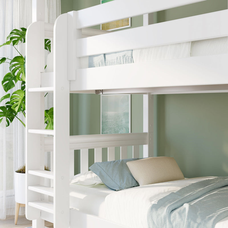 White wooden bunk bed with ladder and light blue bedding in a modern mint-green kids' bedroom with potted monstera plant and natural light.