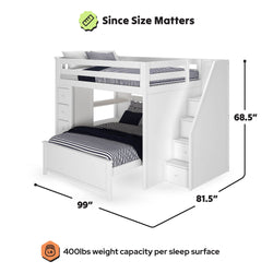White twin-over-full loft bunk bed for kids with built-in staircase and storage drawers, navy-striped bedding, dimensions 99 in x 81.5 in x 68.5 in, 400 lb weight capacity per sleep surface