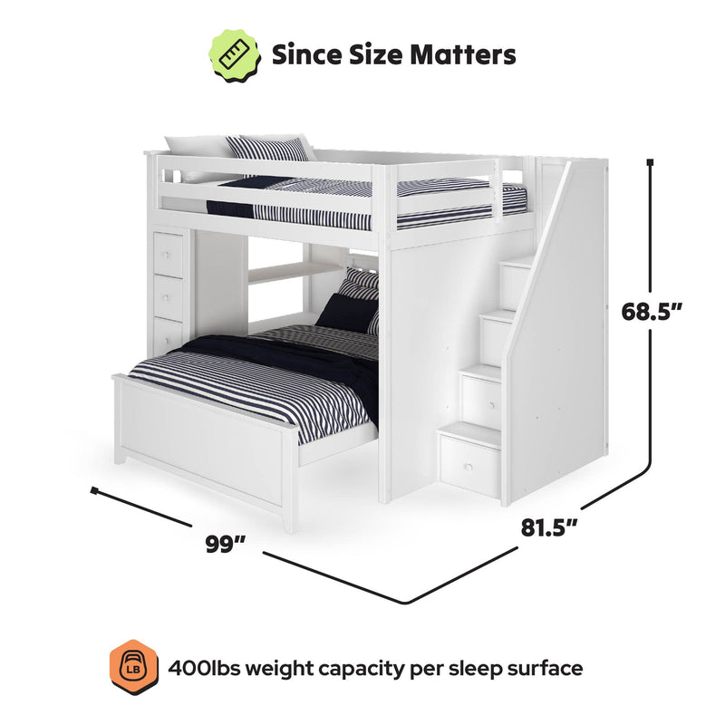 White twin-over-full loft bunk bed for kids with built-in staircase and storage drawers, navy-striped bedding, dimensions 99 in x 81.5 in x 68.5 in, 400 lb weight capacity per sleep surface
