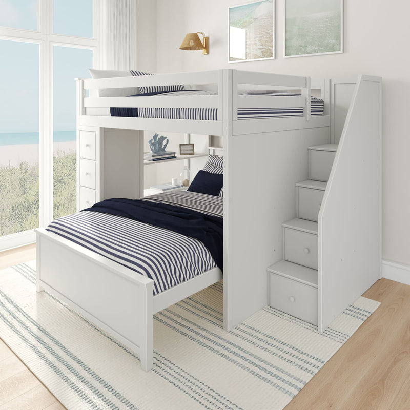 White twin loft bed with stairs and drawers in a bright coastal-themed bedroom.