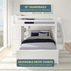 Stylish white bunk bed with 15-inch guardrails and reversible entry points in a modern bedroom setting.