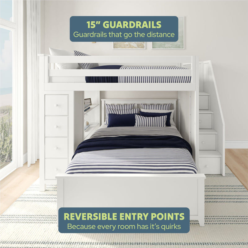 Stylish white bunk bed with 15-inch guardrails and reversible entry points in a modern bedroom setting.