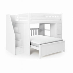 White twin-over-full loft bunk bed with staircase storage drawers and built-in shelves — space-saving kids' bedroom furniture