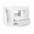 White twin-over-full loft bunk bed with staircase storage drawers and built-in shelves — space-saving kids' bedroom furniture