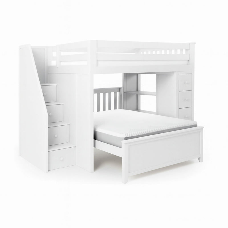 White twin-over-full loft bunk bed with staircase storage drawers and built-in shelves — space-saving kids' bedroom furniture