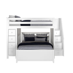 White wooden bunk bed with storage drawers and staircase, featuring striped bedding.