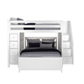 White wooden bunk bed with storage drawers and staircase, featuring striped bedding.