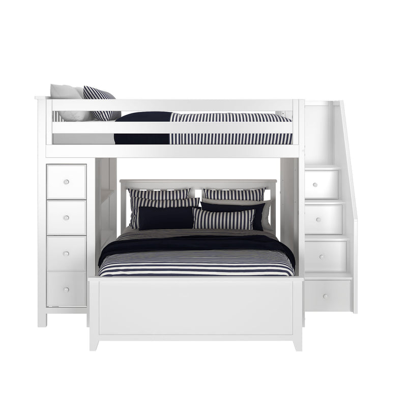 White wooden bunk bed with storage drawers and staircase, featuring striped bedding.