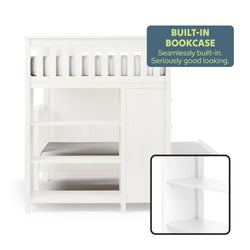 White bunk bed with built-in bookcase, showcasing seamless integrated storage and modern design.