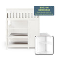White bunk bed with built-in bookcase, showcasing seamless integrated storage and modern design.