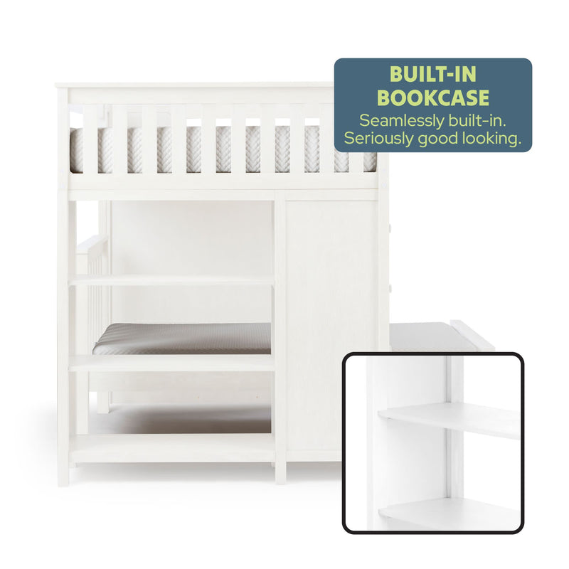 White bunk bed with built-in bookcase, showcasing seamless integrated storage and modern design.