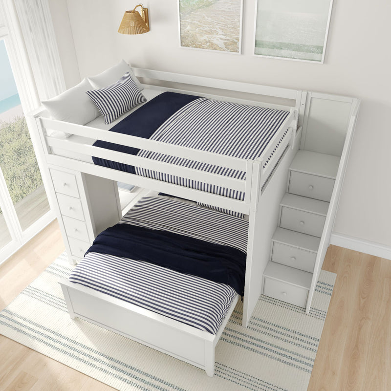 White bunk bed with built-in staircase and storage drawers in a bright bedroom.