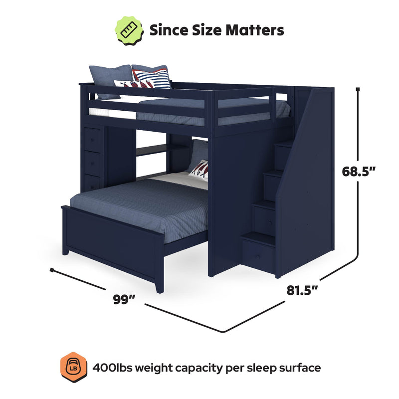 Navy blue space-saving bunk bed with staircase storage drawers, measurements 99" x 81.5" x 68.5", 400 lb weight capacity per sleep surface — ideal kids loft bedroom furniture