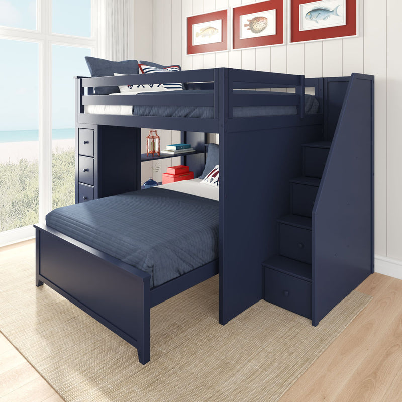 Navy blue bunk bed with storage and stairs in modern beach-themed bedroom.