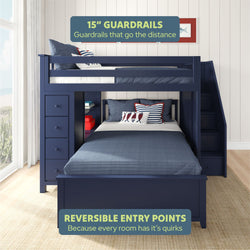 Navy blue bunk bed with 15-inch guardrails and reversible entry points, featuring built-in drawers and nautical-themed bedding in a bright bedroom.