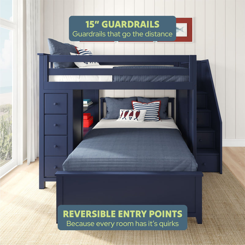 Navy blue bunk bed with 15-inch guardrails and reversible entry points, featuring built-in drawers and nautical-themed bedding in a bright bedroom.