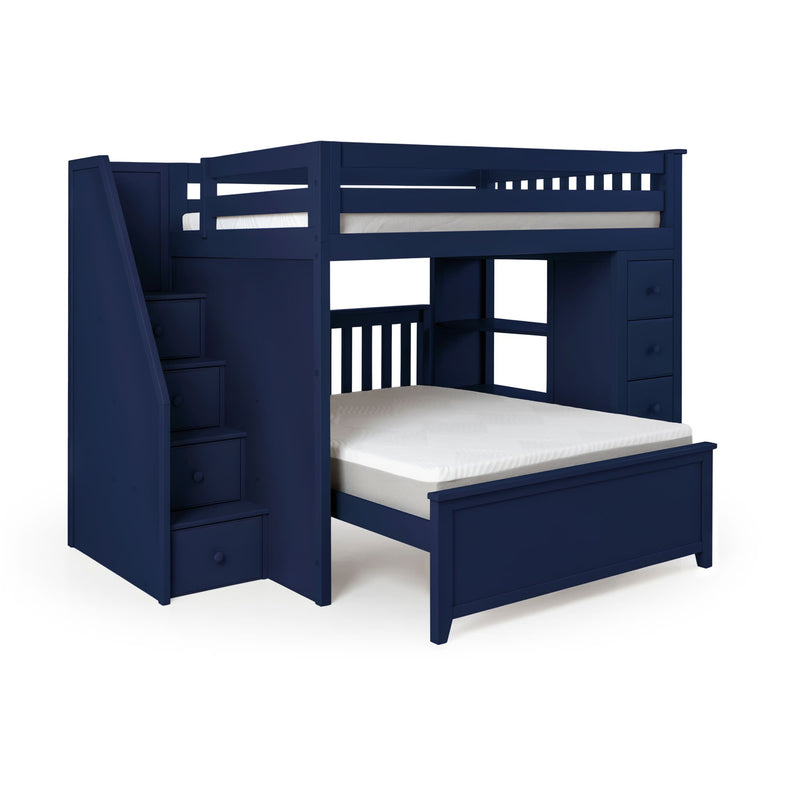 Navy blue twin-over-full bunk bed with staircase storage drawers, built-in shelving and lower full-size bed with white mattress, solid wood kids' bedroom furniture