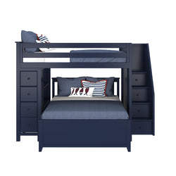Navy blue bunk bed with built-in storage drawers and nautical themed pillows.