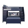 Navy blue bunk bed with built-in storage drawers and nautical themed pillows.