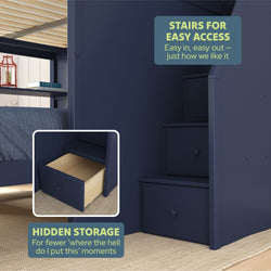 Bunk bed with stairs and hidden storage drawer, featuring easy access and space-saving design, ideal for maximizing bedroom functionality.