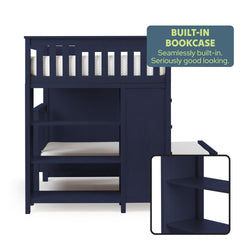 Navy blue loft bed with built-in bookcase and mattress, ideal for stylish and functional bedroom storage.