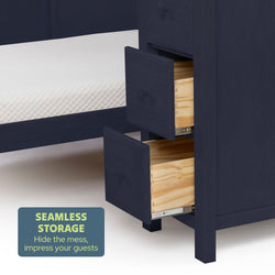 Dark wood bed with seamless storage drawers and mattress.