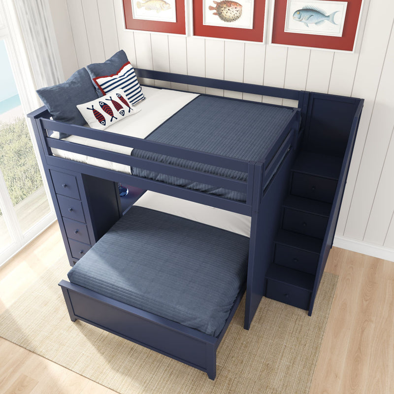 Navy blue loft bunk bed with built-in storage drawers and staircase, featuring nautical-themed bedding and pillows.