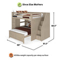 Twin-over-full loft bunk bed with staircase storage and built-in drawers in light wood finish, 99 x 81.5 x 68.5 inches, 400 lb weight capacity per sleep surface