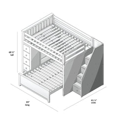 Loft bunk bed with stairs, drawers, and dimensions of 68.5 inches tall, 99 inches long, and 81.5 inches wide.