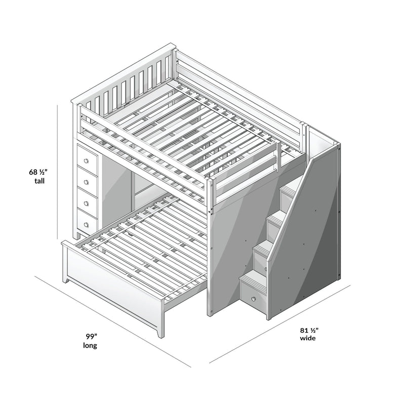 Loft bunk bed with stairs, drawers, and dimensions of 68.5 inches tall, 99 inches long, and 81.5 inches wide.
