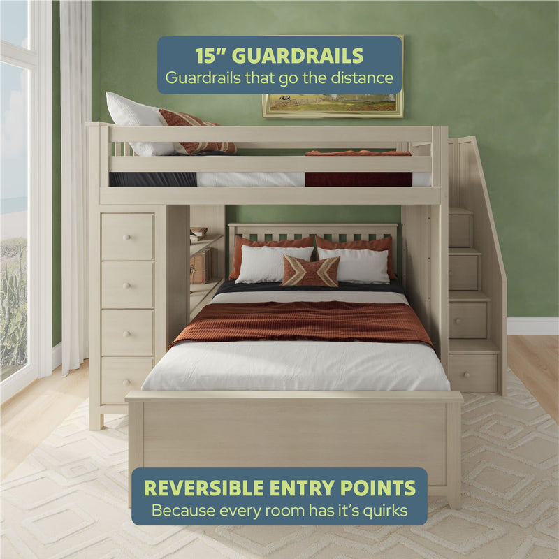 Bunk bed with 15-inch guardrails and reversible entry points in a bright bedroom setting.