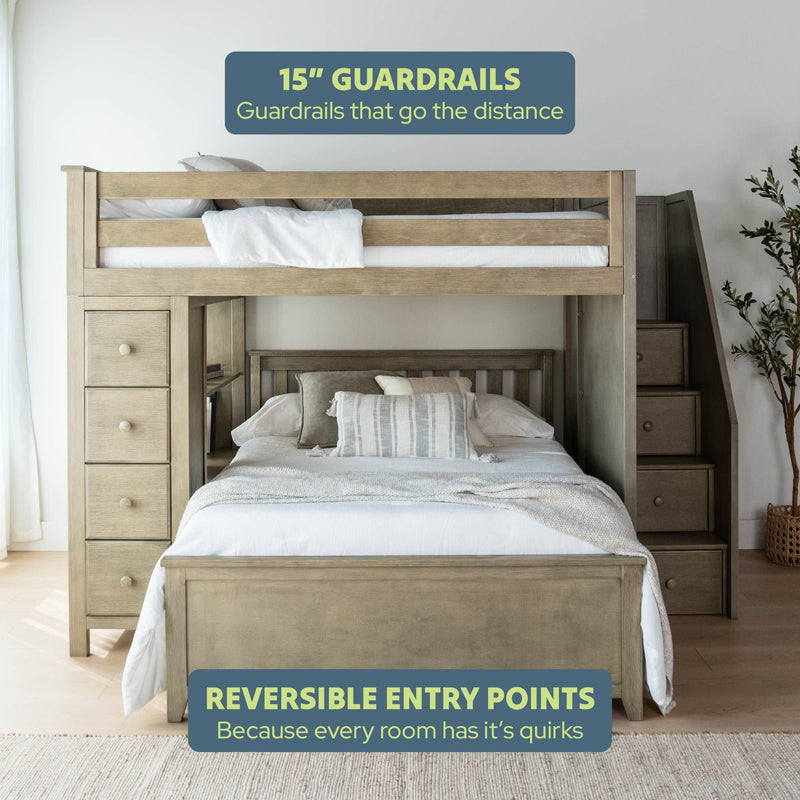 Weathered gray twin-over-full bunk bed with staircase and built-in drawers, 15-inch guardrails and reversible entry, modern farmhouse style
