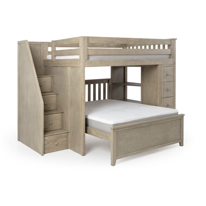 Twin-over-full solid wood bunk bed with storage staircase, built-in drawers and shelves in gray-wash oak finish for kids' bedroom