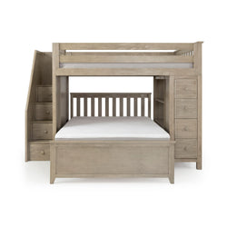 Graywashed oak twin-over-full loft bunk bed with staircase storage and built-in drawers, space-saving kids' bedroom furniture