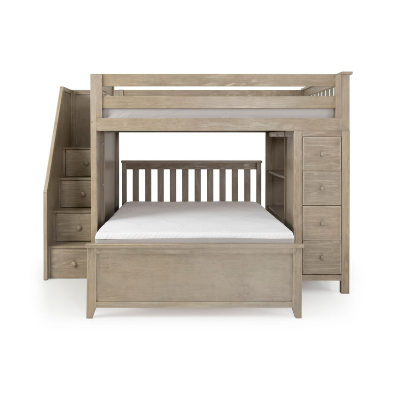 Graywashed oak twin-over-full loft bunk bed with staircase storage and built-in drawers, space-saving kids' bedroom furniture