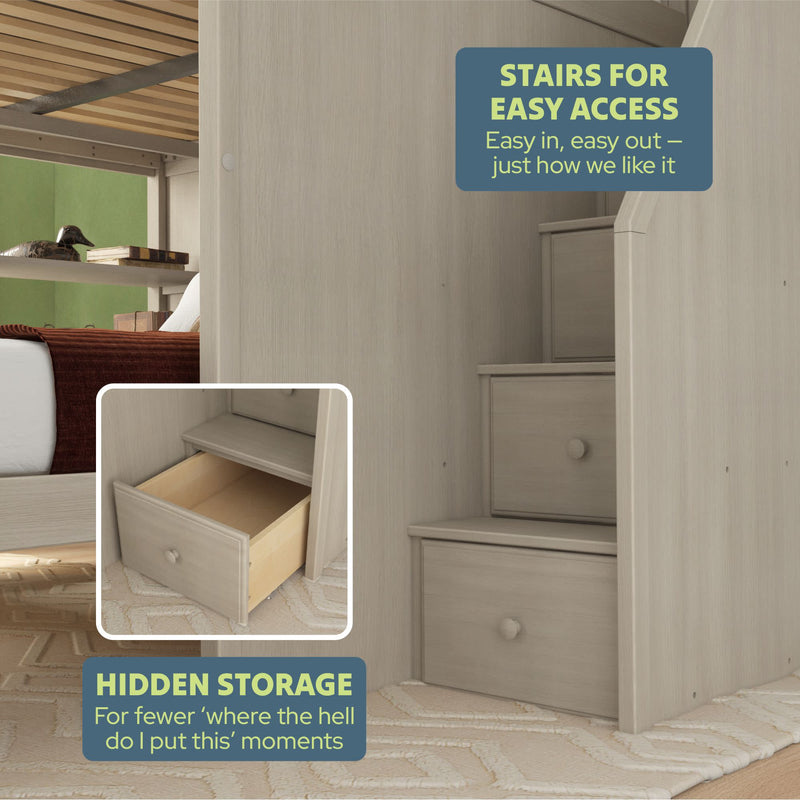 Bunk bed with built-in stair storage for easy access and hidden compartment drawers.