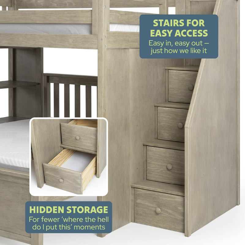 Wooden bunk bed with staircase featuring built-in pull-out storage drawers in a gray-washed finish — space-saving kids' bedroom loft bed solution