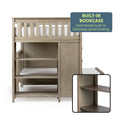 Oak wood loft bed with built-in bookcase for kids.