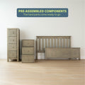 Pre-assembled bedroom furniture components including a dresser, nightstands, and bed frame on a wooden floor.