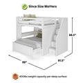 White twin-over-full bunk bed with staircase and built-in storage drawers for kids, modern loft-style design, dimensions 99" x 81.5" x 68.5", 400 lb weight capacity per sleep surface