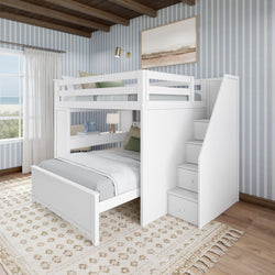 Modern white loft bed with stairs in stylish bedroom featuring blue striped wallpaper and natural light.