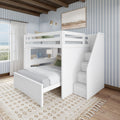 Modern white loft bed with stairs in stylish bedroom featuring blue striped wallpaper and natural light.